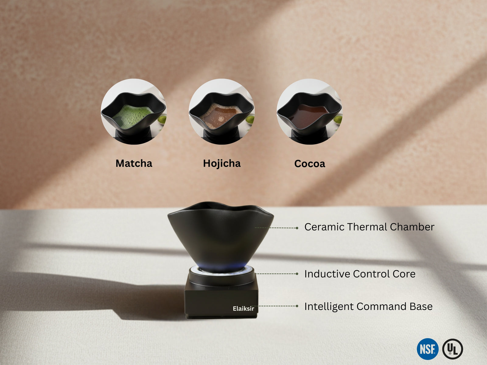 Commercial matcha automation system with ceramic thermal chamber and inductive control core